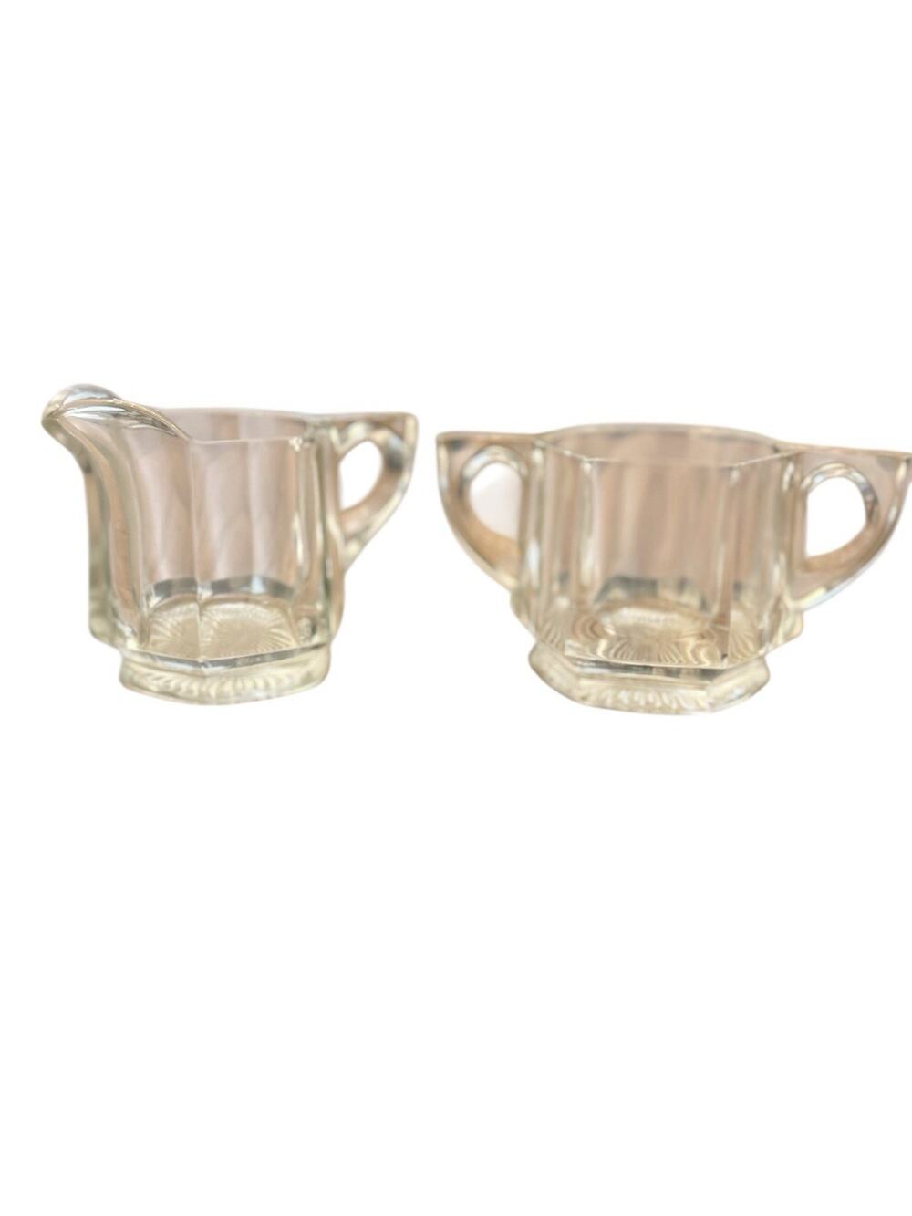 Vintage Heisey Flat Panel Hexagonal Clear Glass Cream & Sugar Set EUC